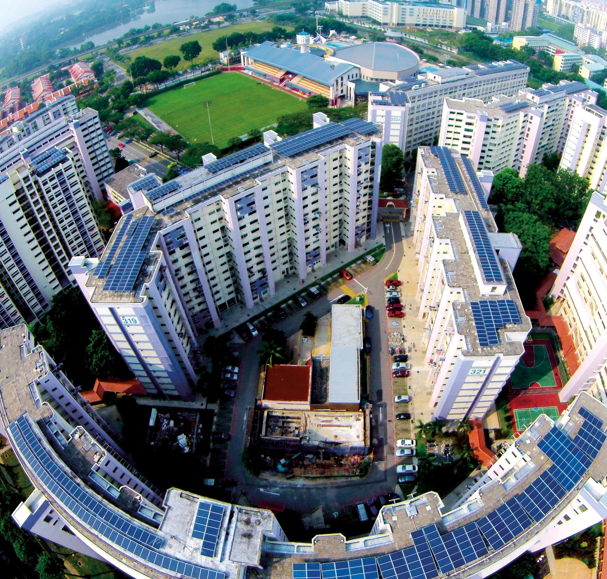 Sustainable Towns: The Housing & Development Board awarded Sunseap the contract to install solar photovoltaic (PV) systems in 680 HDB residential blocks in four towns: Jurong East (pictured), Marine Parade, Sembawang and Tampines