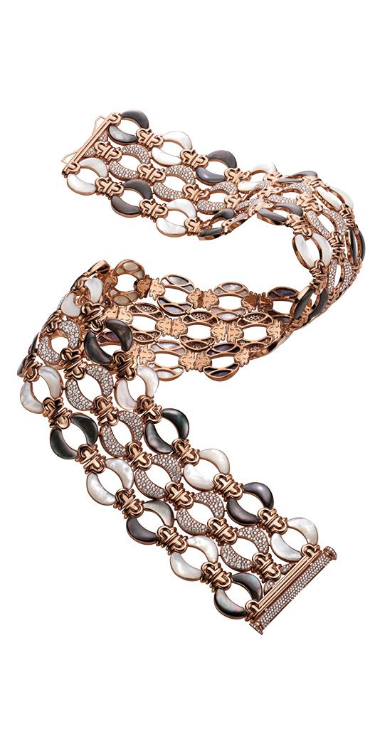 Parentesi Hamata bracelet in pink gold with white and grey mother-of-pearl and diamonds, by Bulgari