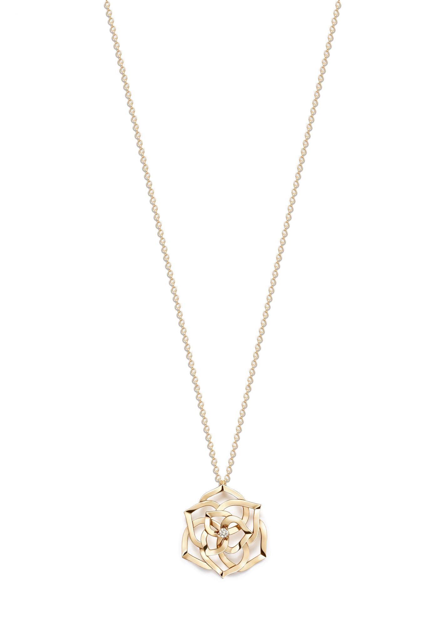 Piaget Rose long pendant in pink gold with a rose that opens up to reveal a brilliant-cut diamond by Piaget