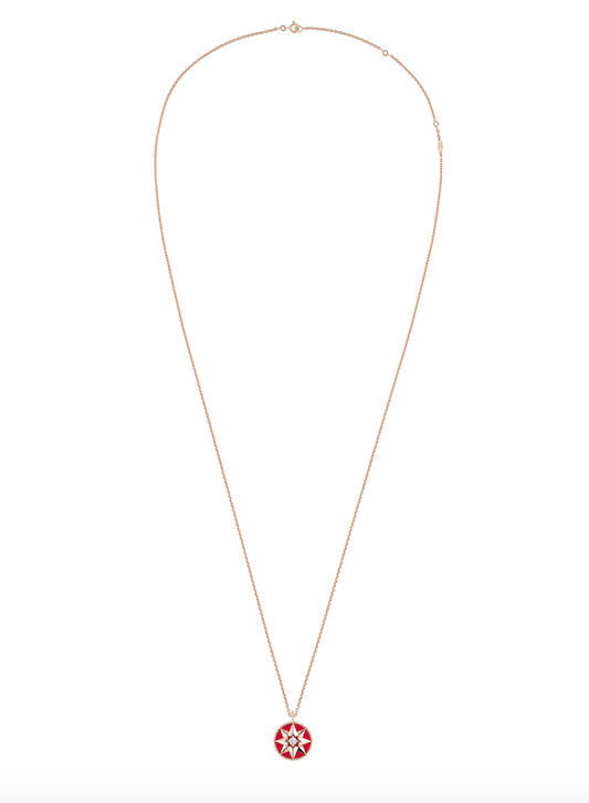 Rose des Vents medallion necklace in pink gold set with diamonds and red lacquer by Dior