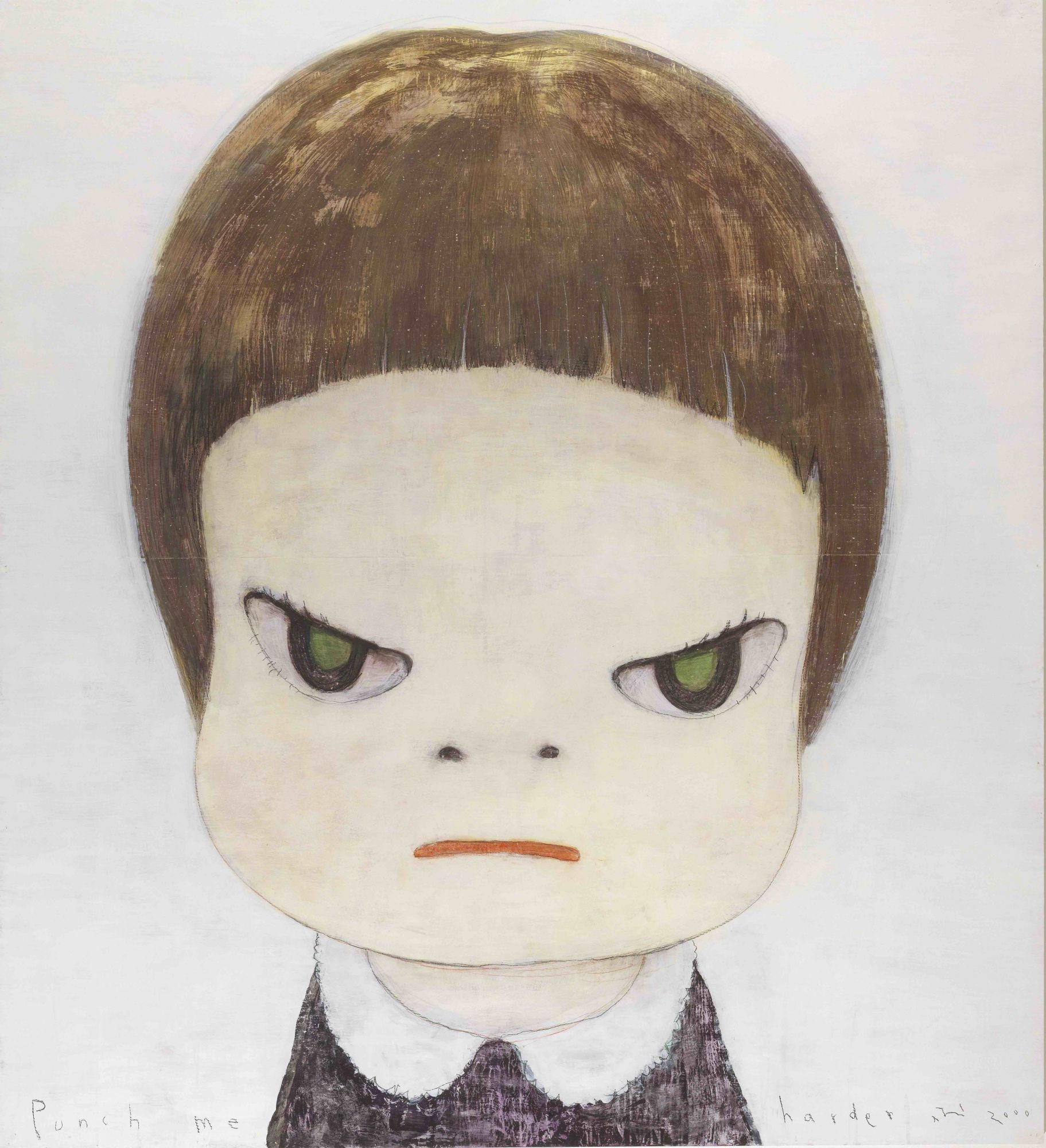 Japanese artist Yoshitomo Nara has won fans around the world with his manga-inspired drawings and paintings of sinister children. This painting, called “Punch Me Harder”, is estimated to sell for HK$10 million—15 million.