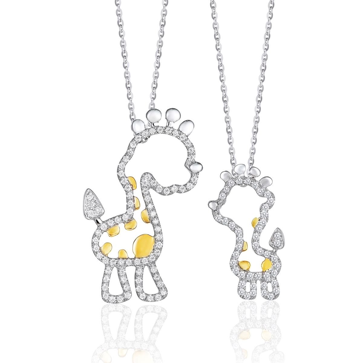 Mom giraffe and baby giraffe 18k white gold necklace with black gold and diamond pendant by Emperor Jewellery