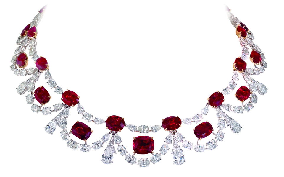 Platinum necklace set with Burmese rubies and diamonds