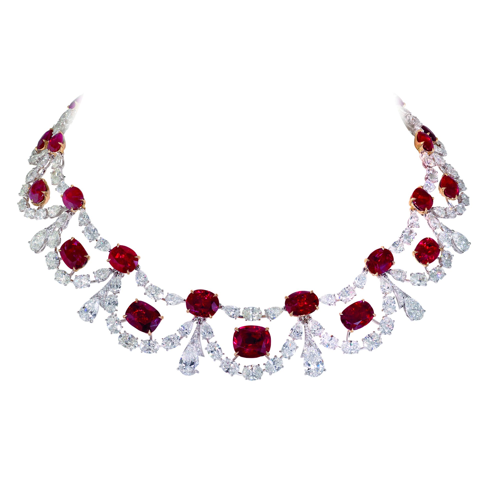 Platinum necklace set with Burmese rubies and diamonds