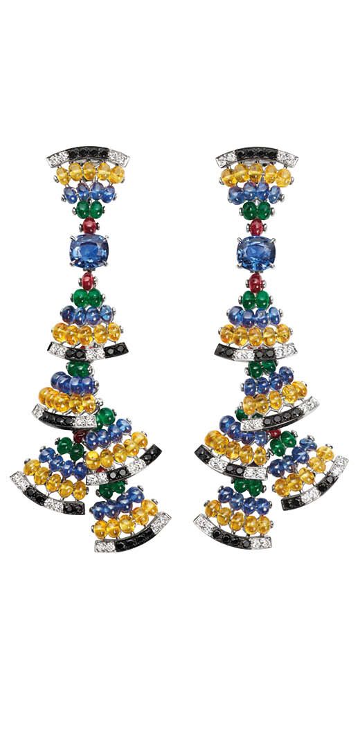 CHAUMET Ronde de Pierres earrings with sapphire, garnet, emerald and diamond beads. Available at Chaumet