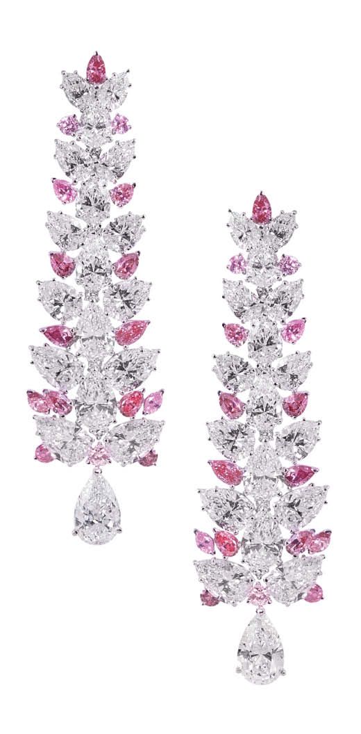 Moussaieff Chandelier earrings in platinum set with pink and white diamonds. Available at Moussaieff