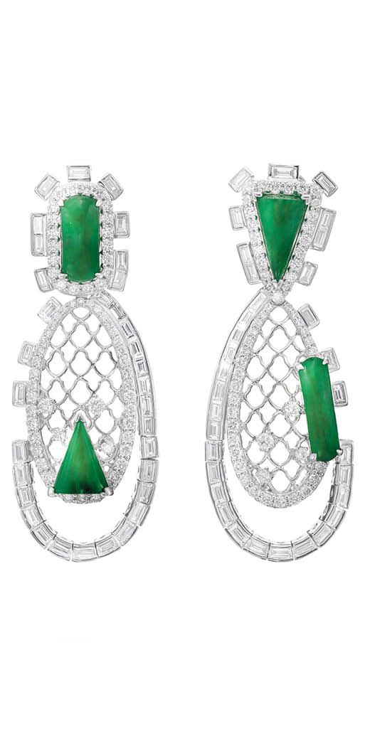 SARAH HO Fortunei earrings in white gold set with jadeite and diamonds. Inquire about this piece at Sarah Ho