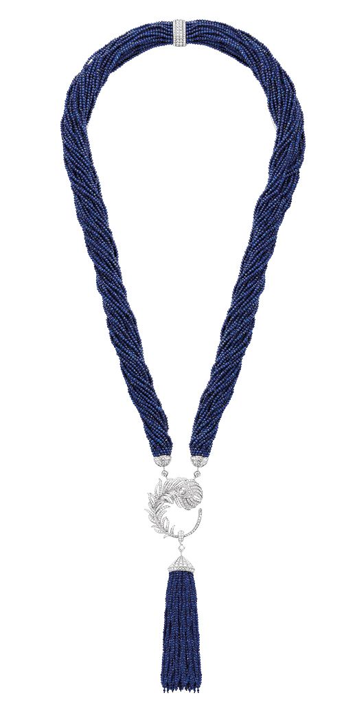 Boucheron Plume de Paon long necklace in white gold set with an oval rose-cut diamond, lapis lazuli beads and pavé diamonds