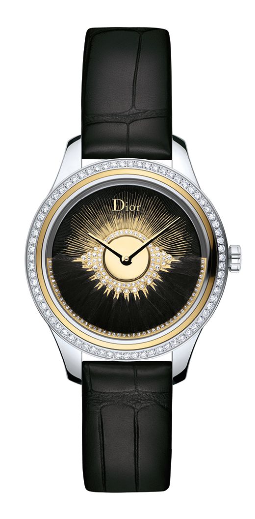 Dior Dior Grand Bal Plume Noire watch featuring a yellow-gold oscillating weight on the dial set with diamonds and decorated with black feathers