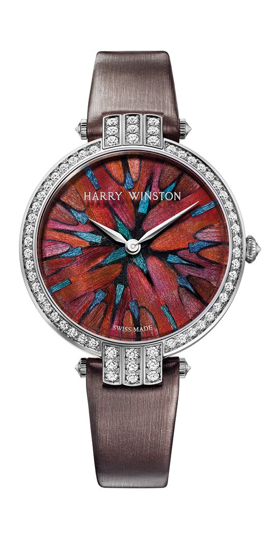 Harry Winston Premier Feathers watch featuring peacock, pheasant and fowl feathers on a dial framed with diamonds