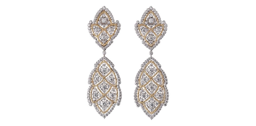 Buccellati pendant earrings in white and yellow gold set with diamonds, from the Unica collection