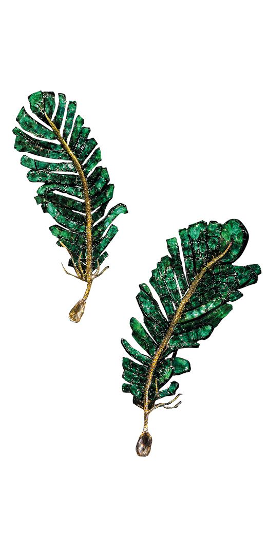 Cindy Chao 2018 Black Label Masterpiece XII Emerald Feather Brooch set with emeralds, fancy-coloured diamonds and tsavorites