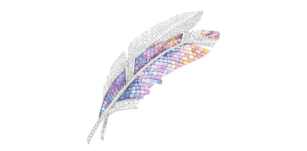 Van Cleef & Arpels Quatre Contes de Grimm Panache Mystérieux clip in white gold featuring coloured sapphires and diamonds