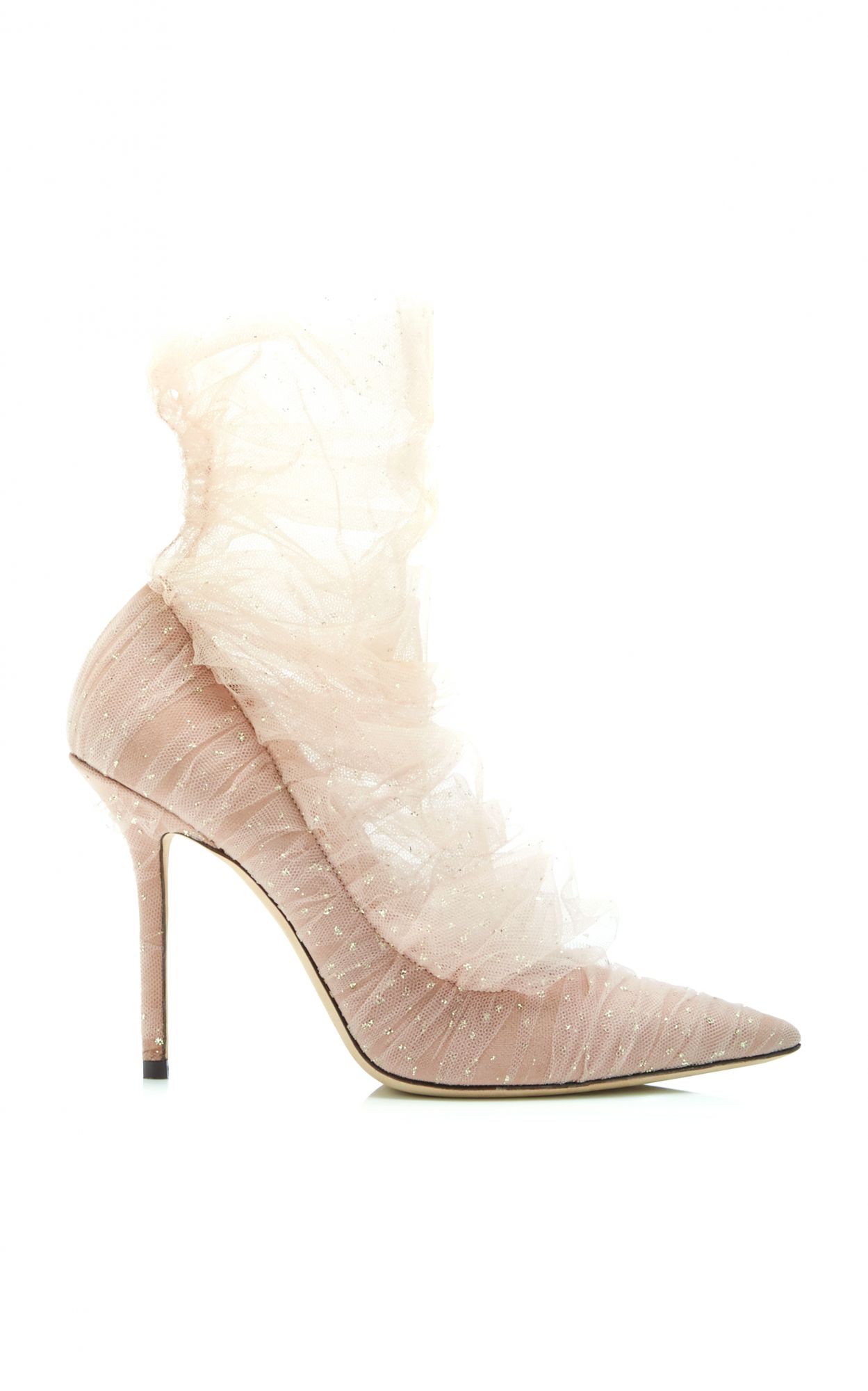 Ballet pink suede pump with ballet pink and gold glitter tulle overlay. Available at Jimmy Choo