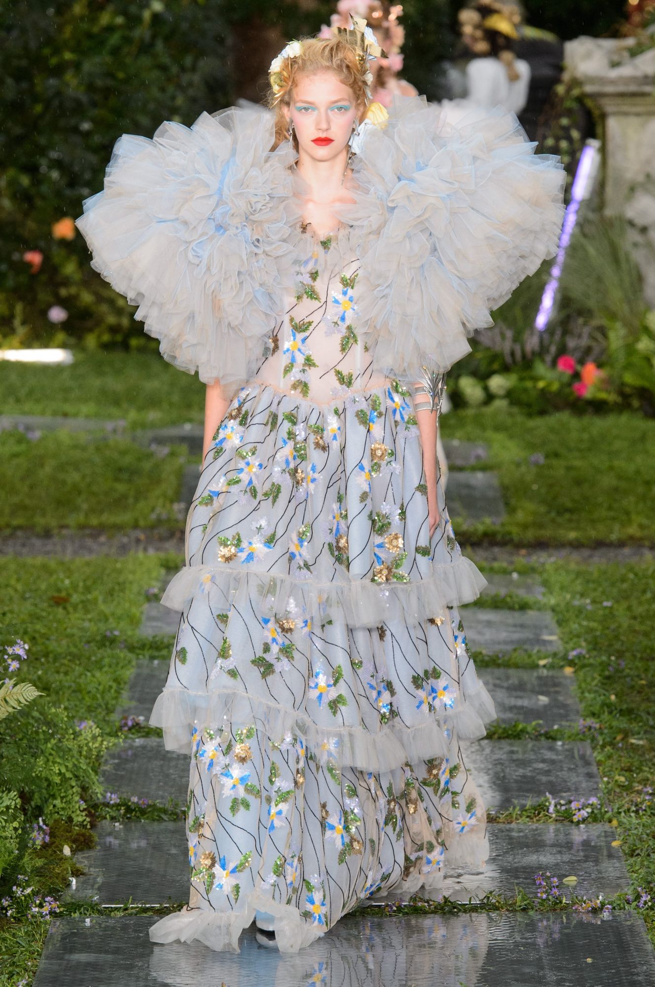 Hand-beaded blue-and-gold floral gown with tulle ruffle details by Rodarte