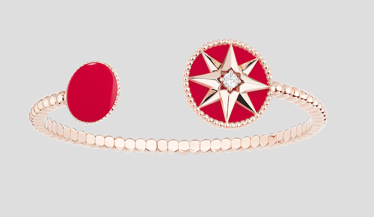Dior Rose Des Vents bangle in pink gold set with diamonds and red ceramic lacquer (Photo: Courtesy of Dior)
