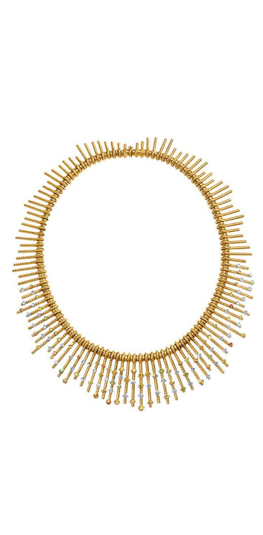 Tiffany & Co Jean Schlumberger’s iconic fringe necklace from 1956 is recreated in yellow gold with coloured diamonds