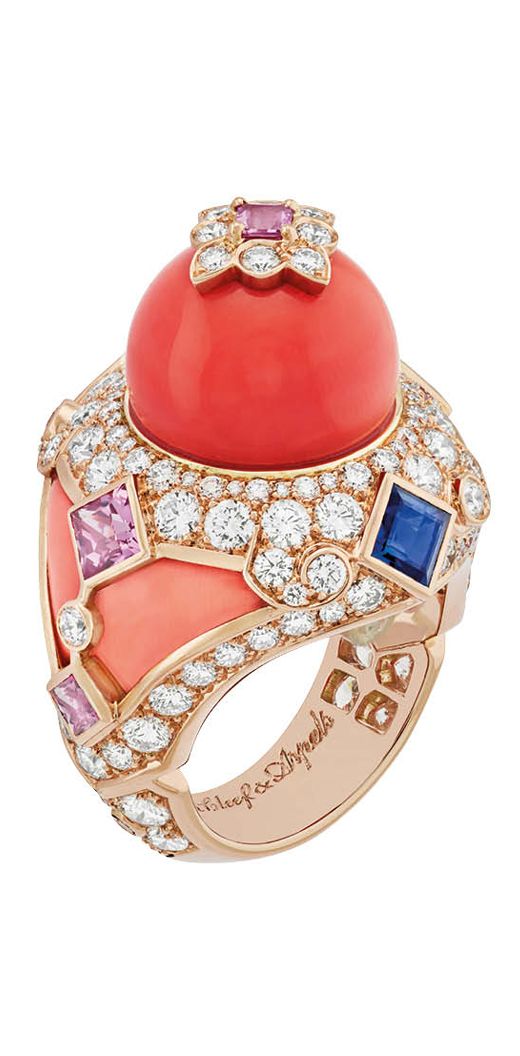 Van Cleef & Arpels Serapi ring set with rubies, blue and pink sapphires, coral and diamonds, from the Quatre Contes de Grimm collection