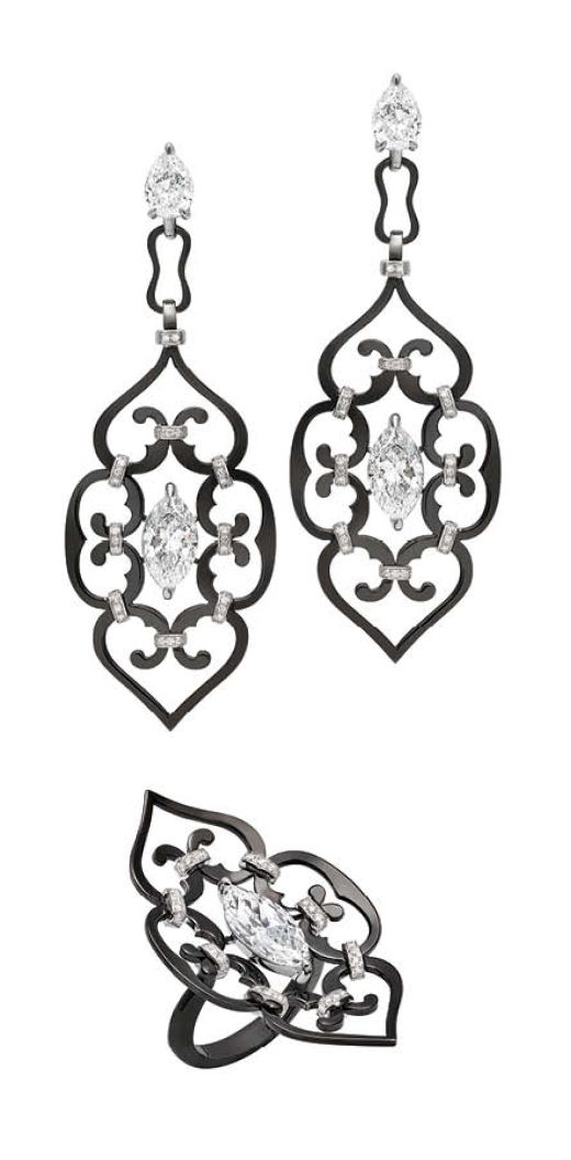 Boghossian earrings and ring in blackened gold frames set with diamonds from the Silk Road Collection