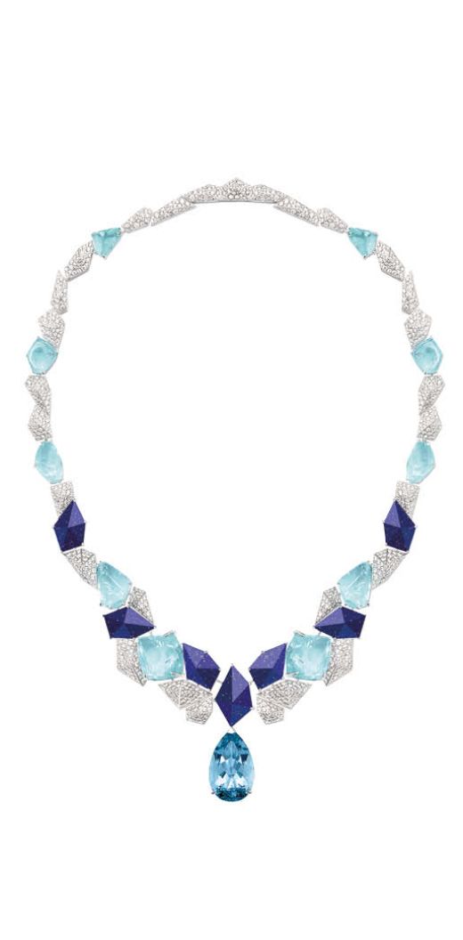 Piaget Necklace in white gold set with a pear-shaped aquamarine, Paraiba tourmalines, lapis lazuli and brilliant-cut diamonds, from the Sunlight Escape collection