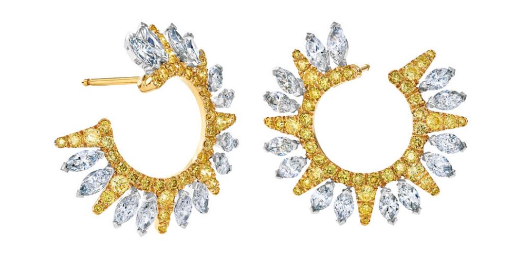 De Beers Ra high jewellery hoop earrings in white and yellow gold set with white and yellow diamonds