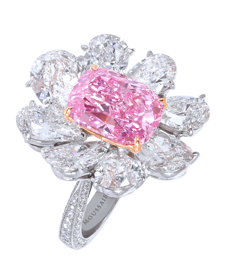 Cushion-cut pink diamond and white diamond ring by Moussaieff