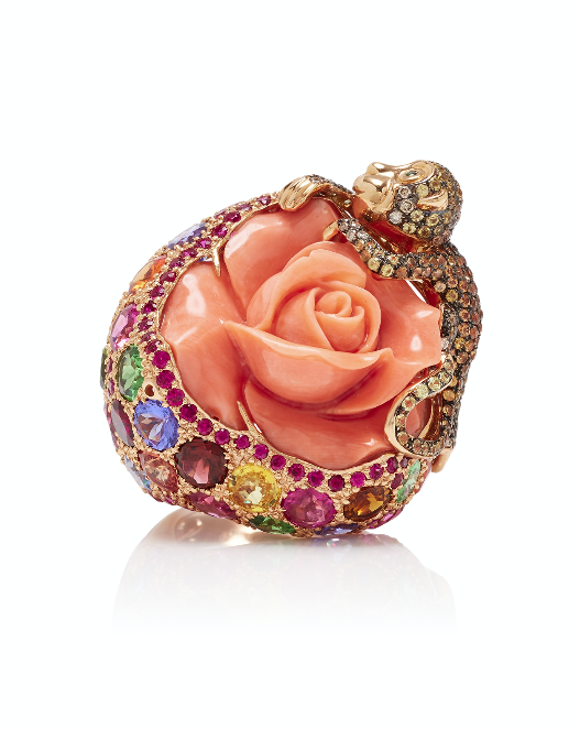 Ring set with coral, sapphires, tourmaline, tanzanite, tsavorite, rubies and diamonds by Wendy Yue