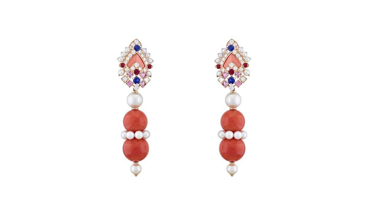 Serapi earrings by Van Cleef & Arpels in pink gold set with rubies, blue and pink sapphires, diamonds, white cultured pearls and coral