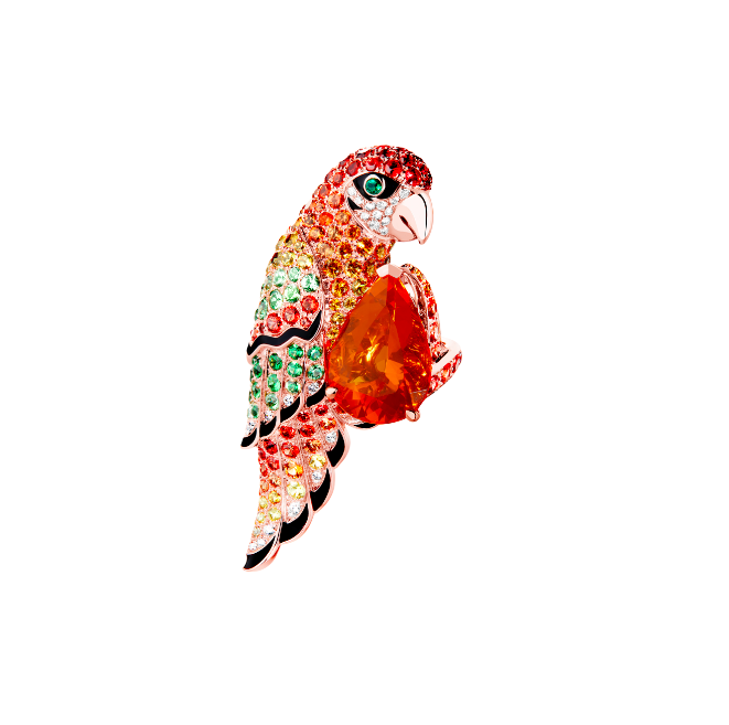 Boucheron's Nuri the Parrot ring in pink gold set with opal, emeralds, sapphires, tsavorites and diamonds