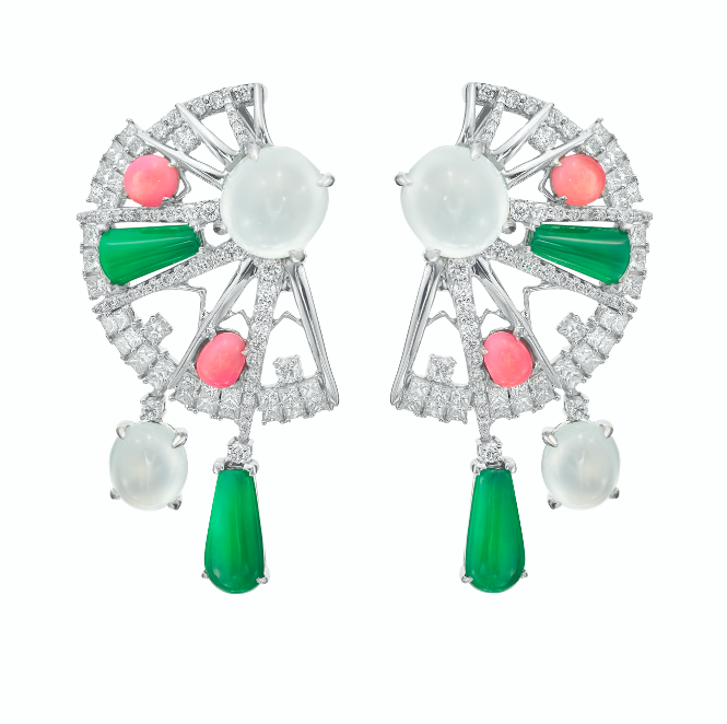 These Jade Fan earrings by Sarah Ho in white gold set with jade, conch pearls and diamonds