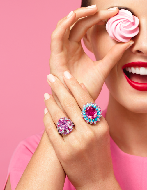 Harry Winston’s latest line, Winston Candy, abandons monochrome in favour of brightly coloured stones and cocktail rings in opposing shades