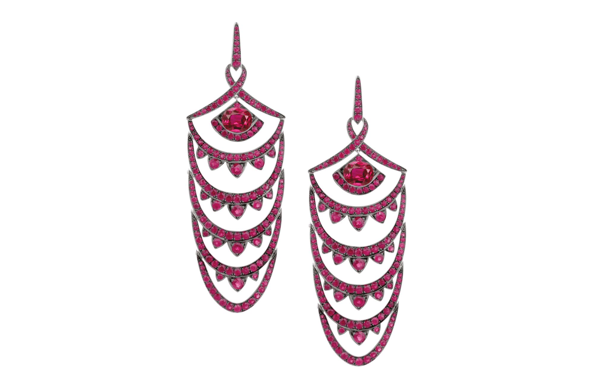 Earrings in white gold and black rhodium set with rubies, by Stephen Webster