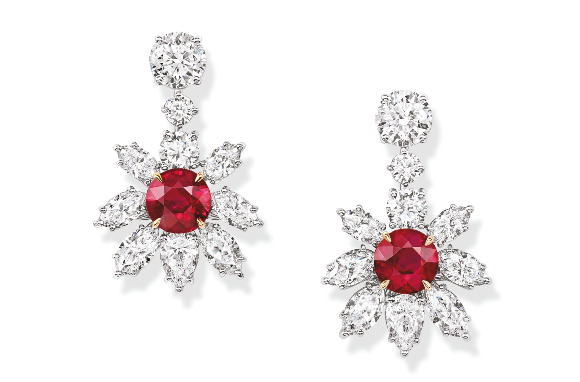 Earrings in platinum set with rubies and diamonds, by Harry Winston