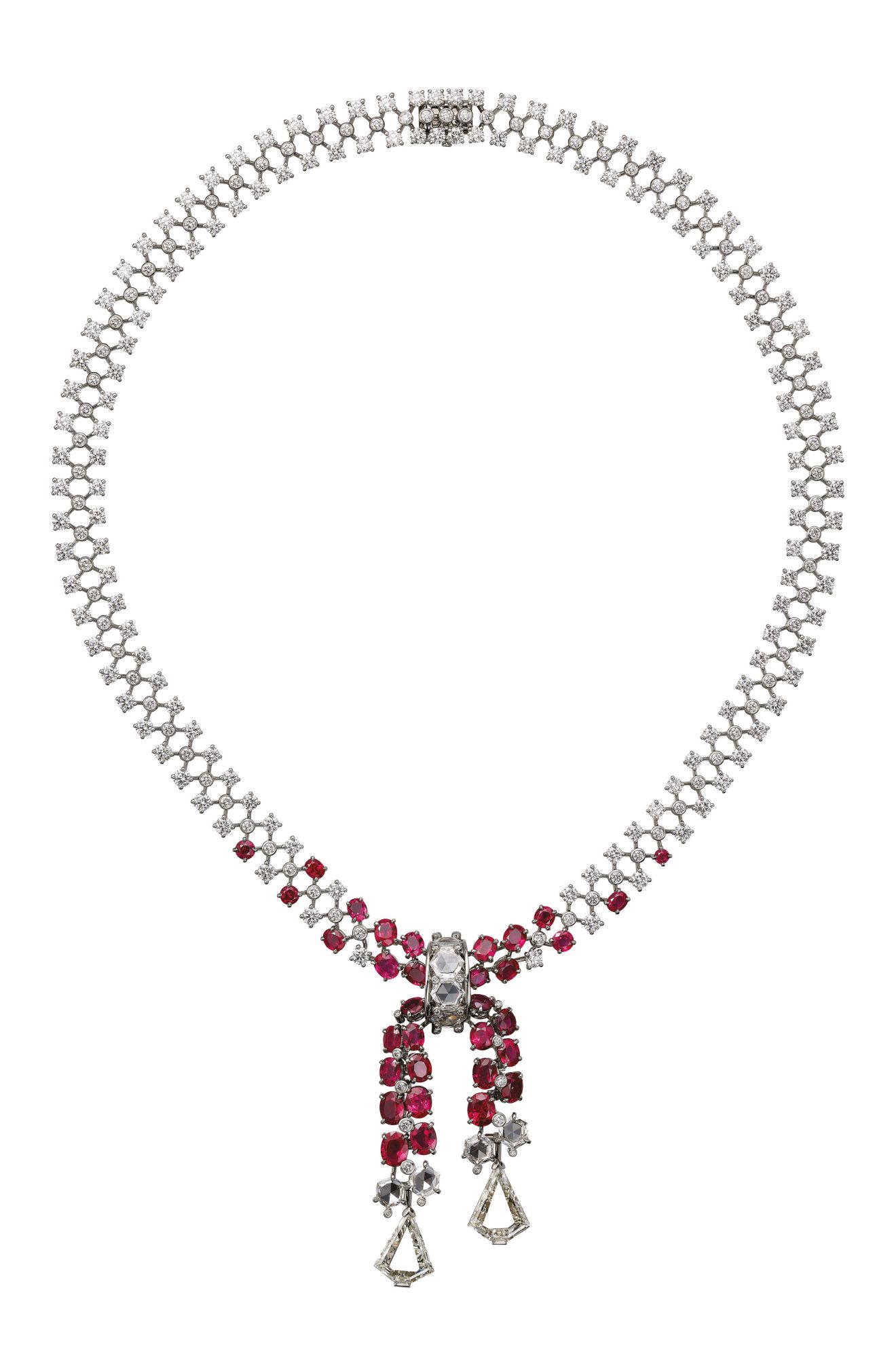 Exaltée necklace from the Résonances de Cartier collection in platinum set with rubies and diamonds, by Cartier