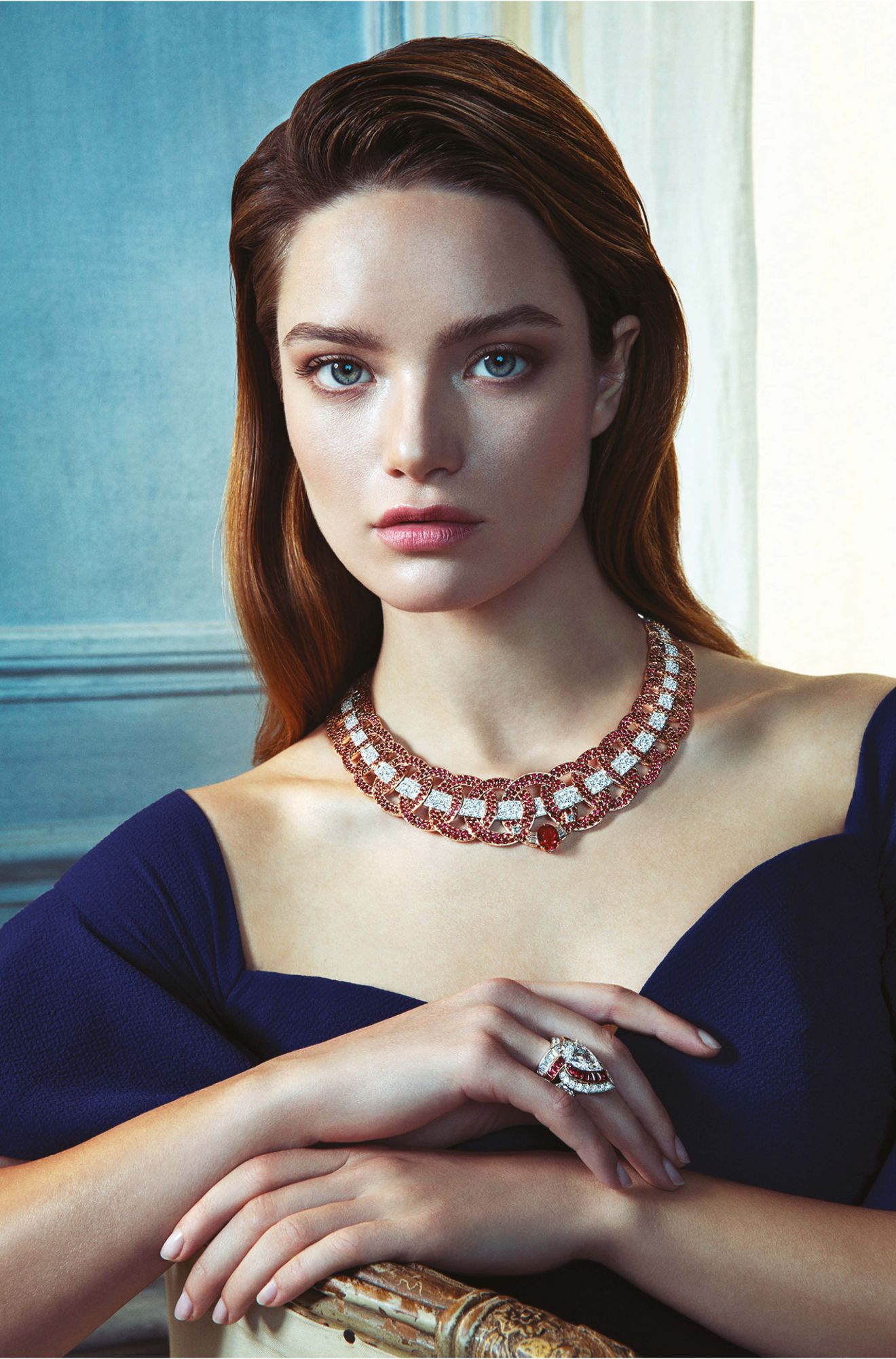 Elsa necklace and Maha ring in white and pink gold set with rubies and diamonds, by Van Cleef & Arpels