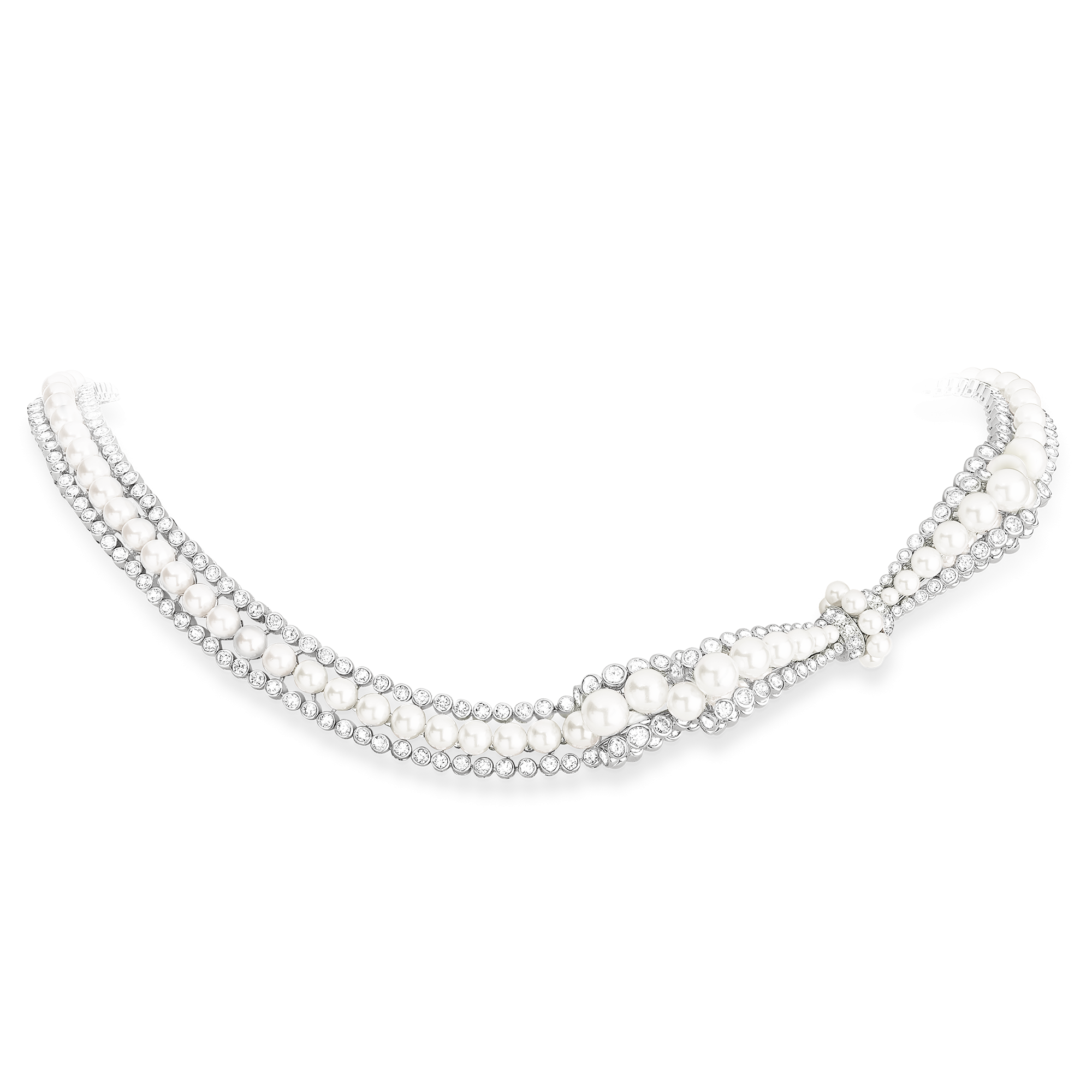 Noeud necklace in white gold set with cultured pearls and diamonds, by Boucheron. (Photo: Courtesy of Boucheron)