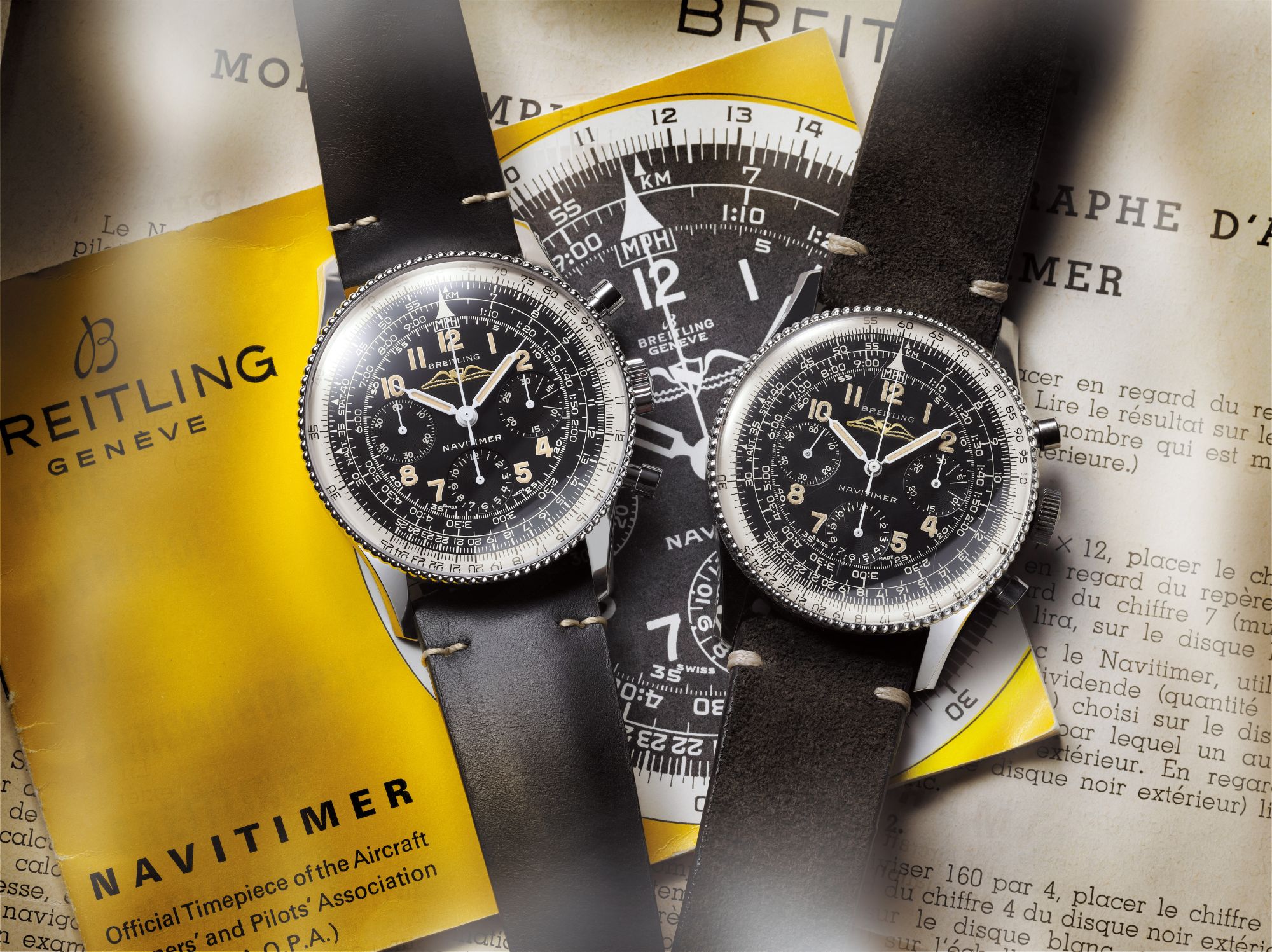 Navitimer Ref. 806 1959 Re-Edition and the historical Navitimer Ref. 806 from 1959, from left to right. (PPR/Breitling)