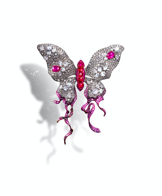 Elizabeth Butterfly brooch in black gold and titanium set with rubies, and pink and white diamonds, by Anna Hu