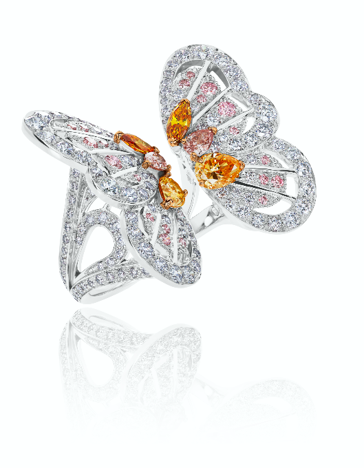 Monarch Butterfly ring in rose and white gold set with orange, pink and white diamonds, by De Beers