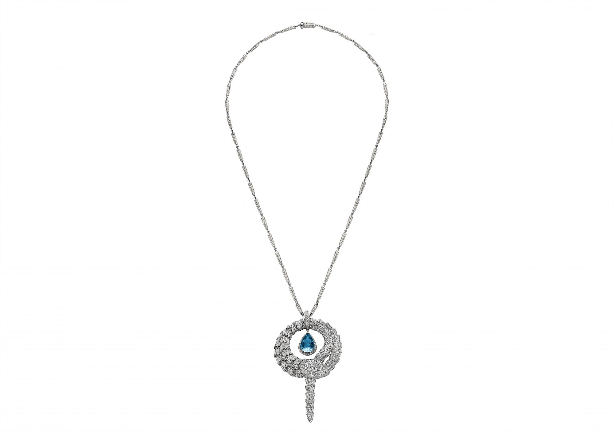 Serpenti necklace in white gold set with aquamarine and white diamonds, by Bulgari