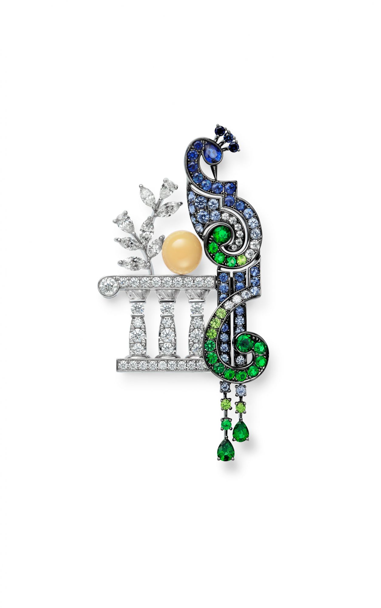 Jardin Mystérieux brooch in white gold set with a natural pearl, sapphires, alexandrites, garnets, spinels and white diamonds, by Mikimoto