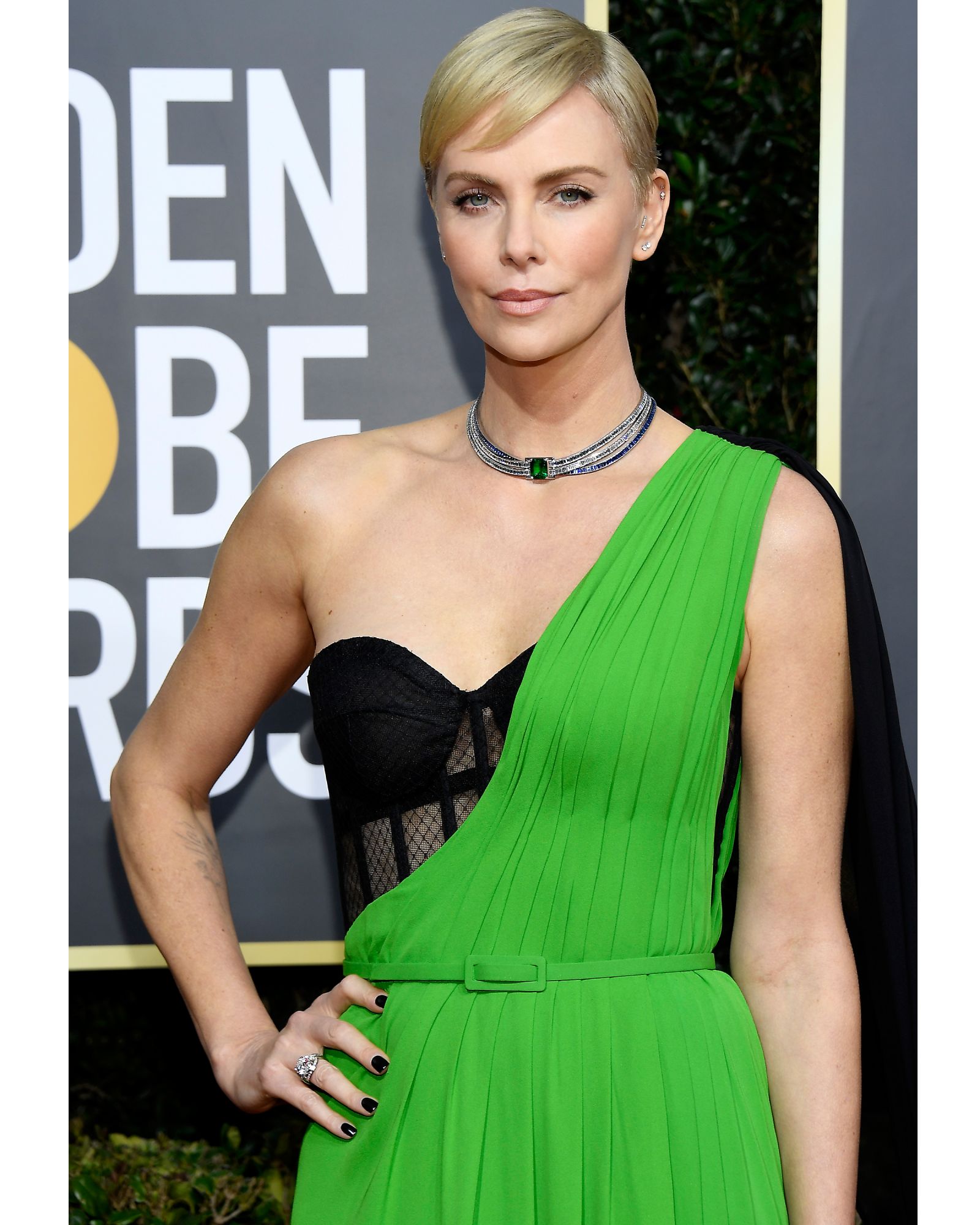 Charlize Theron stole the show with a Tiffany & Co Blue Book collection necklace, that features a stunning emerald-cut emerald of over 10 carats. If that weren’t enough, it’s complemented by 57 carats of baguette-cut sapphires and diamonds