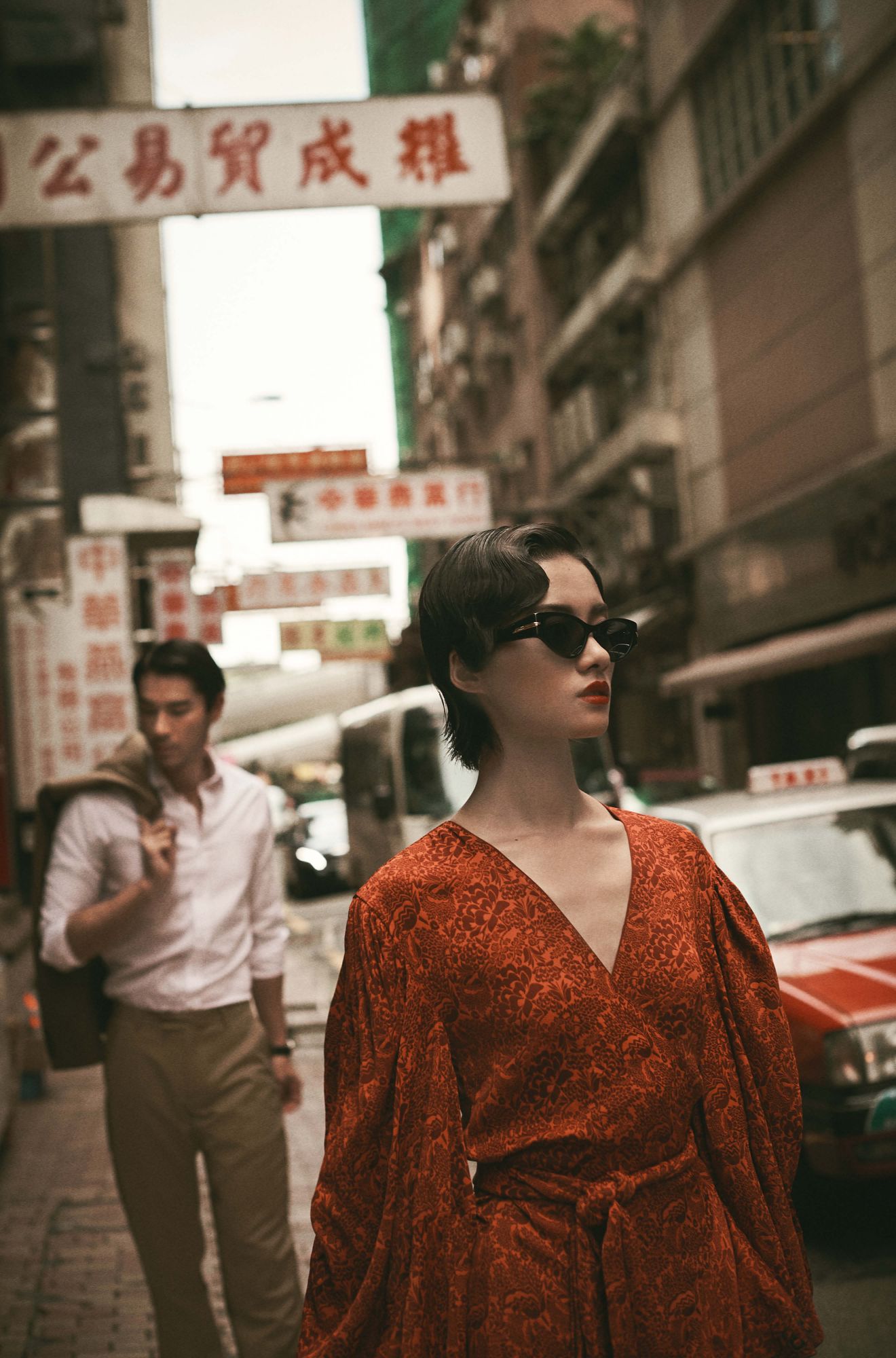 From above left: Le Si wears a dress by Chloé; and sunglasses by Bottega Veneta; Kenta wears a shirt by Ralph Lauren Blue Label; and jacket and trousers by Sandro