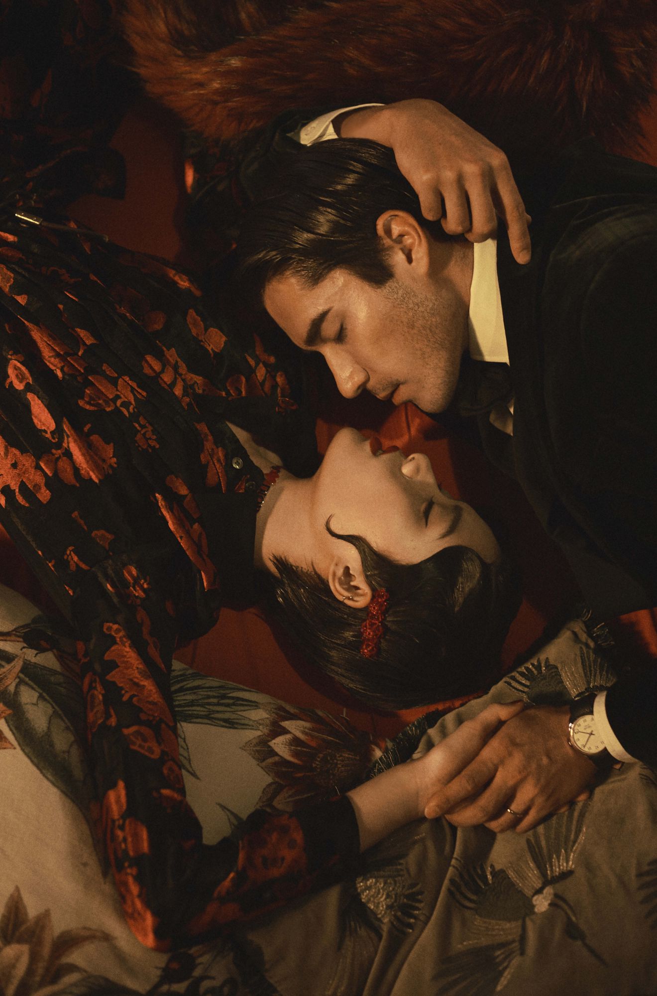 Le Si wears a top and shirt by Tory Burch; and hair clip by Simone Rocha; Kenta wears a shirt and jacket by Ralph Lauren Purple Label; and watch by Tom Ford