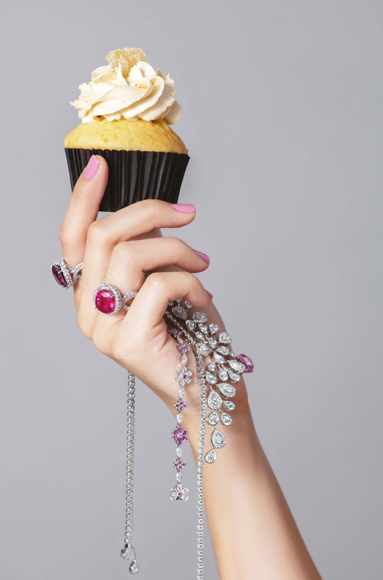 From left: Liens d’Amour rings by Chaumet; Forget-Me-Not bracelet by Harry Winston; Joséphine Aigrette Impériale necklace by Chaumet