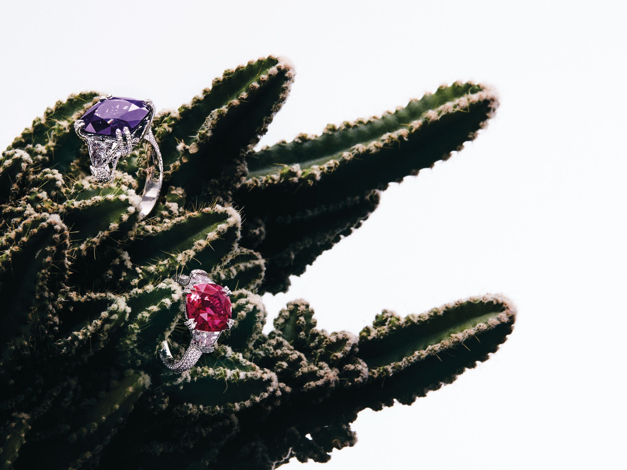 Ring in white gold set with a spinel and diamonds; ring in white gold set with a ruby and diamonds, both by Chopard