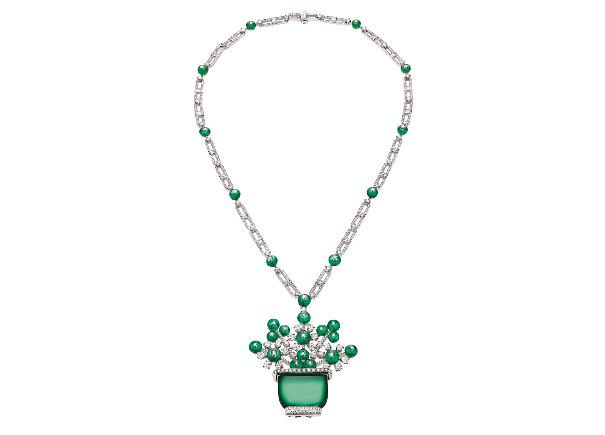 Transformable necklace in platinum set with an emerald, emerald beads and diamonds by Bulgari
