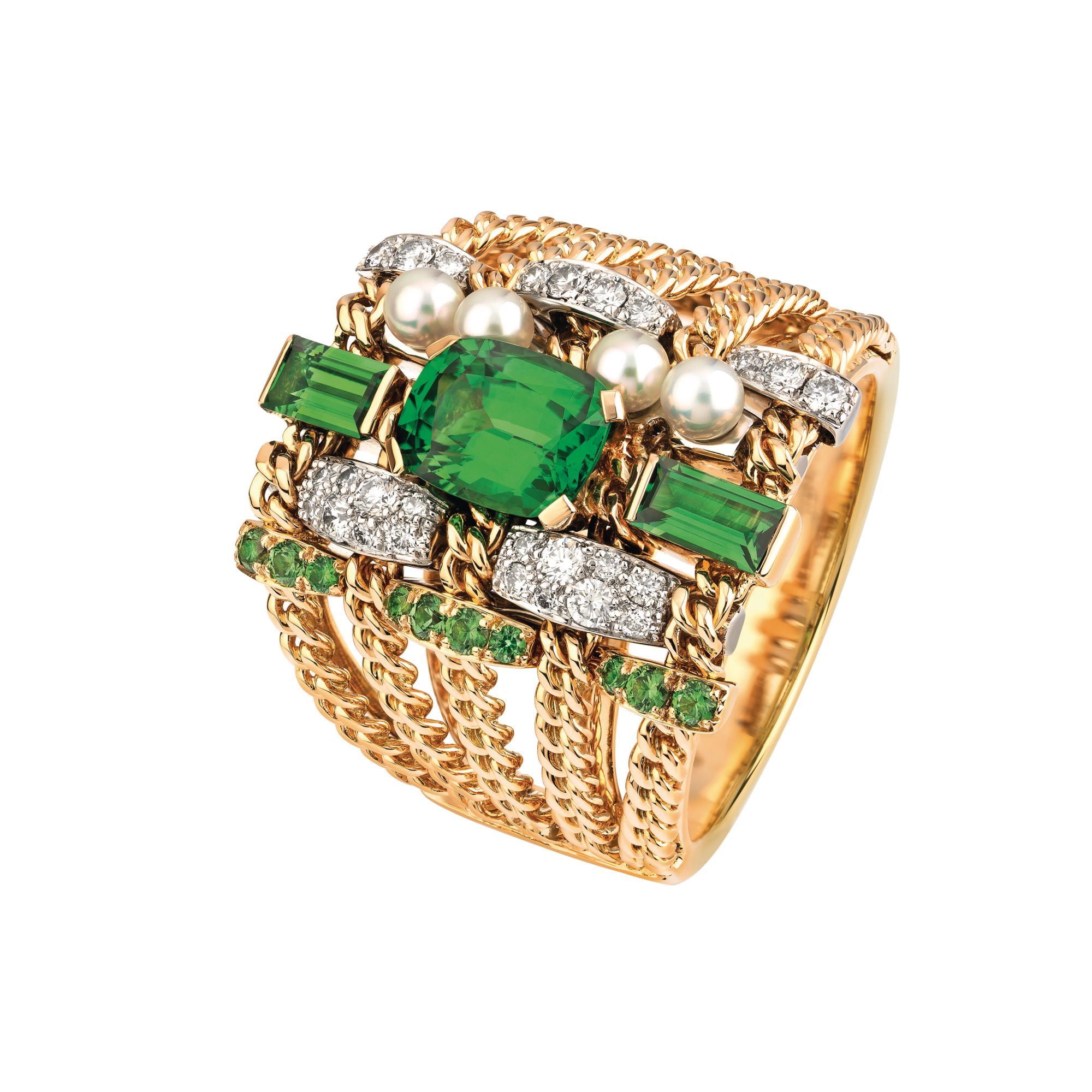 Tweed Chaîne ring in yellow gold and platinum set with cultured pearls, tsavorites and diamonds by Chanel