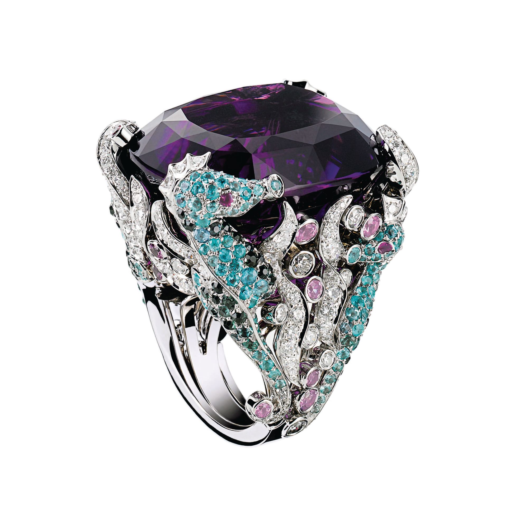Incroyables et Merveilleuses Hippocampe Amethyst ring in white gold set with amethysts, tourmalines, pink sapphires and rubies by Dior Joaillerie