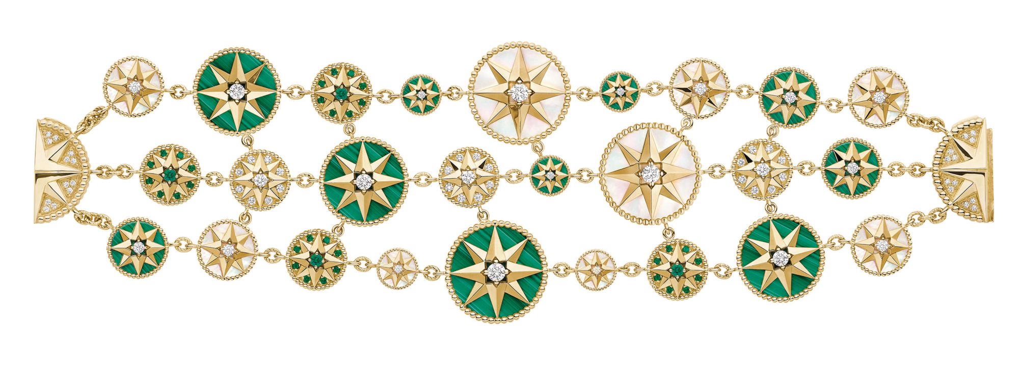 Dior Joaillerie Rose des Vents Masterpiece bracelet in yellow gold set with emeralds, mother of pearl and malachite.